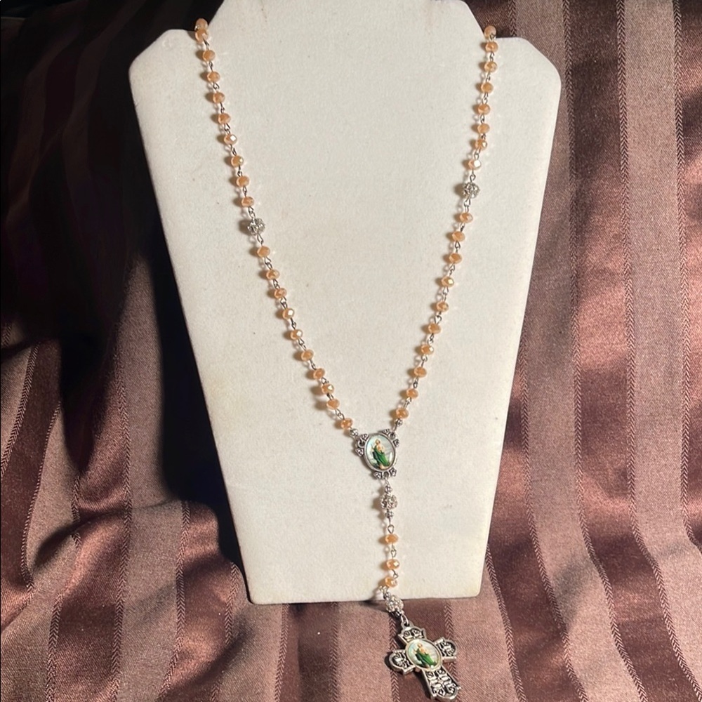 Elegant Crystal and Silver Rosary Cross Necklace